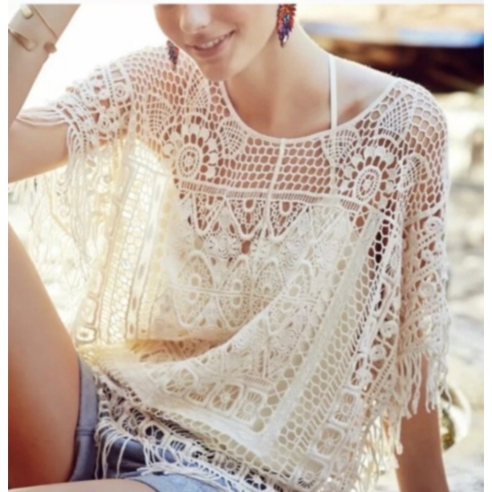 Anthropologie Angel of the North Cream Cotton Crochet Fringe Poncho Top XS Small